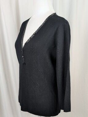 NWT Laura Black Satin Trim Rhinestone Button Knit Sweater Large